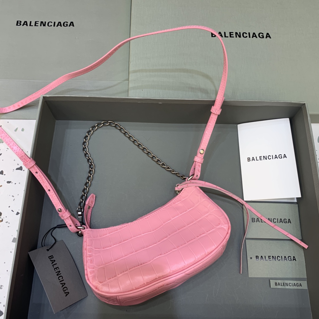 Balenciaga Le Cagole Mini Bag With Chain Crocodile Embossed Rhinestones Shoulder Bag Pink 